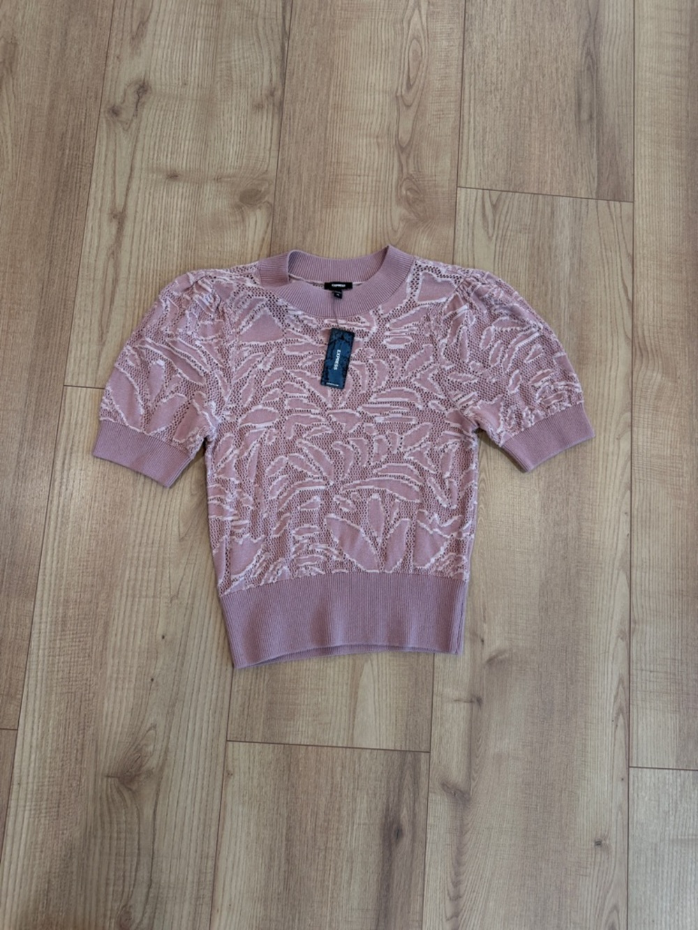 Express Dusty Rose Lace-Pattern Short Sleeve Knit Top